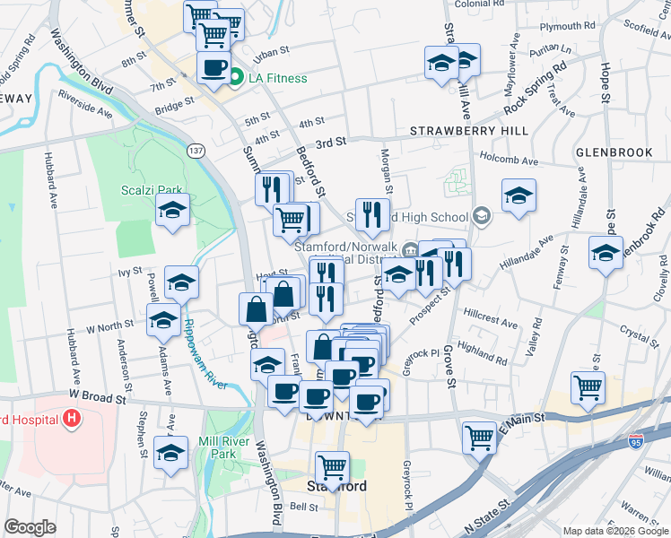 map of restaurants, bars, coffee shops, grocery stores, and more near 29 Hoyt Street in Stamford