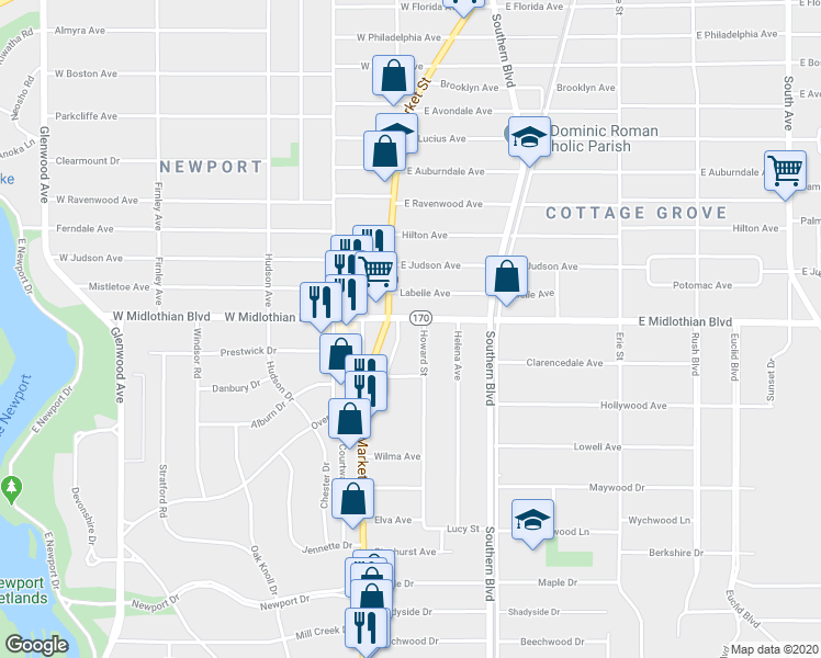 map of restaurants, bars, coffee shops, grocery stores, and more near 21 E Midlothian Blvd in Youngstown
