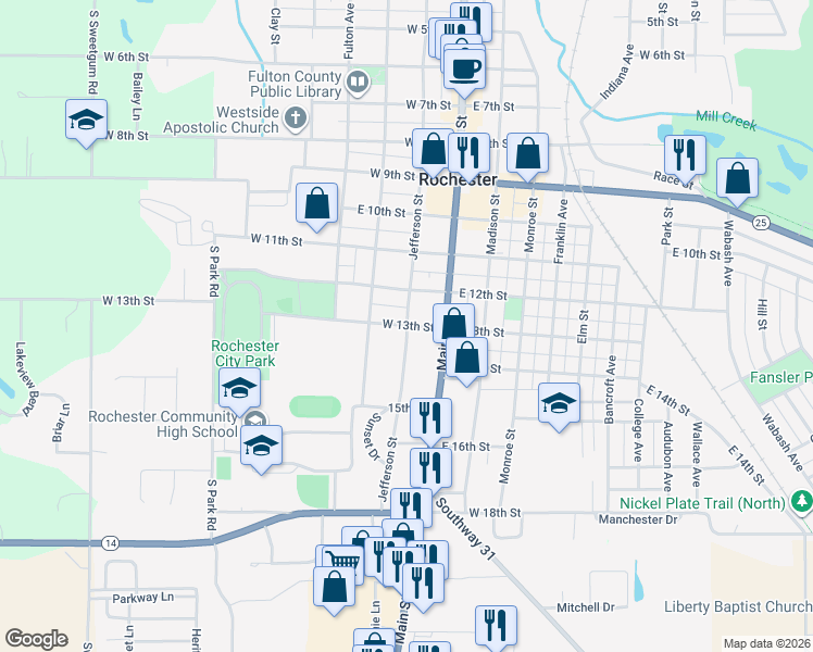 map of restaurants, bars, coffee shops, grocery stores, and more near 200 West 13th Street in Rochester
