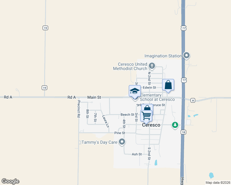map of restaurants, bars, coffee shops, grocery stores, and more near 405-423 County Road A in Ceresco