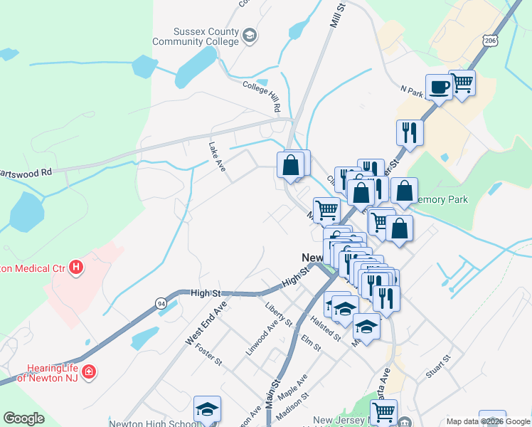 map of restaurants, bars, coffee shops, grocery stores, and more near 8 Center Street in Newton