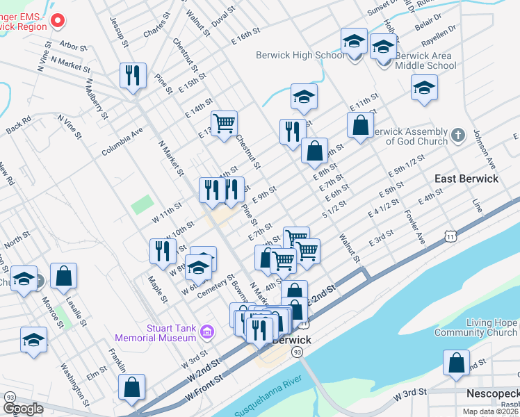 map of restaurants, bars, coffee shops, grocery stores, and more near 235 E 8th St in Berwick
