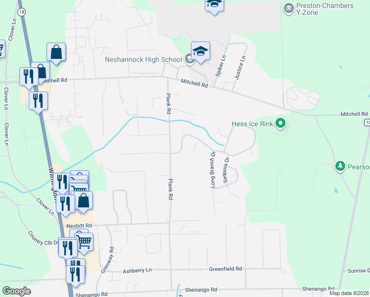 map of restaurants, bars, coffee shops, grocery stores, and more near 107 Neshannock Trails Drive in New Castle