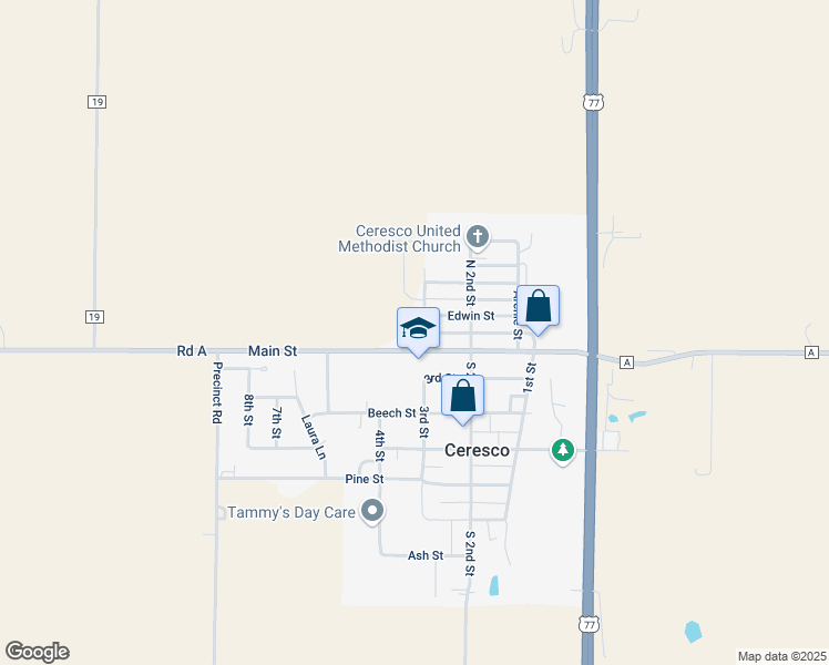 map of restaurants, bars, coffee shops, grocery stores, and more near 229 Edwin Street in Ceresco