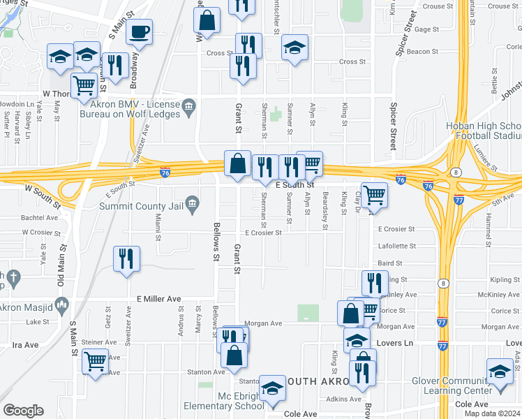 map of restaurants, bars, coffee shops, grocery stores, and more near 818 Sherman Street in Akron