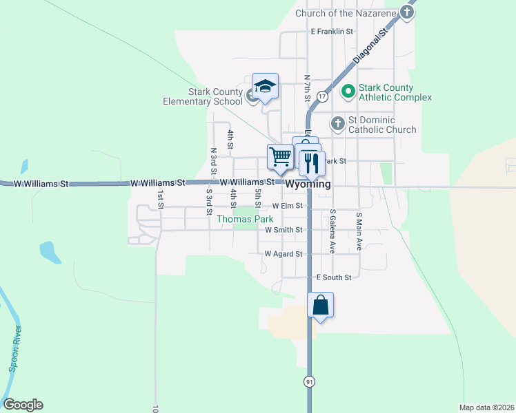 map of restaurants, bars, coffee shops, grocery stores, and more near 5th Street in Wyoming