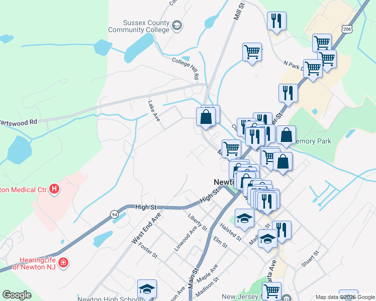 map of restaurants, bars, coffee shops, grocery stores, and more near 8 Center Street in Newton