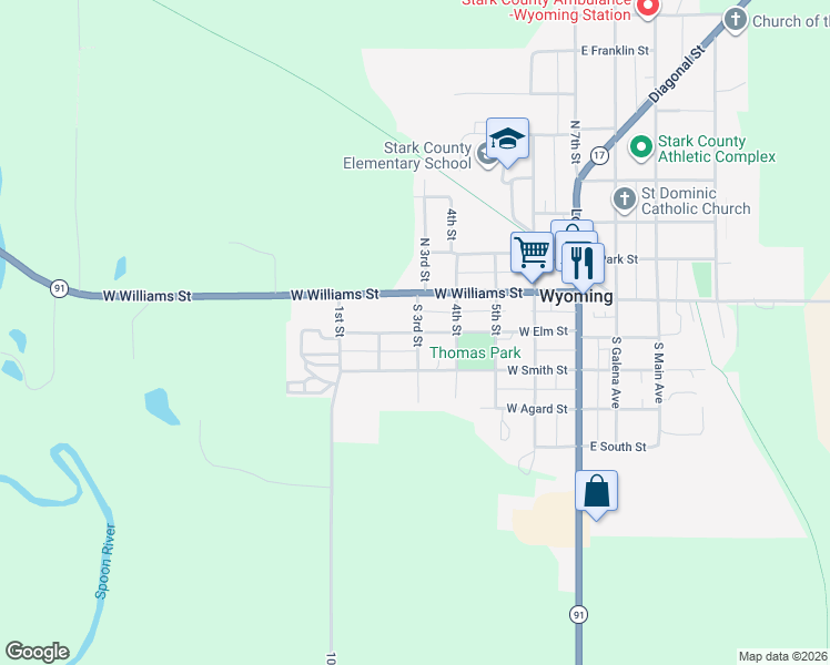 map of restaurants, bars, coffee shops, grocery stores, and more near 507 West Elm Street in Wyoming