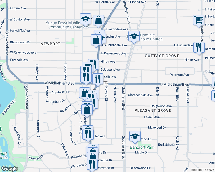 map of restaurants, bars, coffee shops, grocery stores, and more near 41 East Midlothian Boulevard in Youngstown