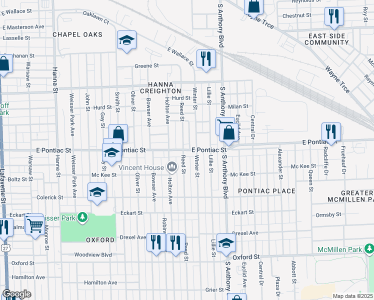 map of restaurants, bars, coffee shops, grocery stores, and more near 1526 East Pontiac Street in Fort Wayne
