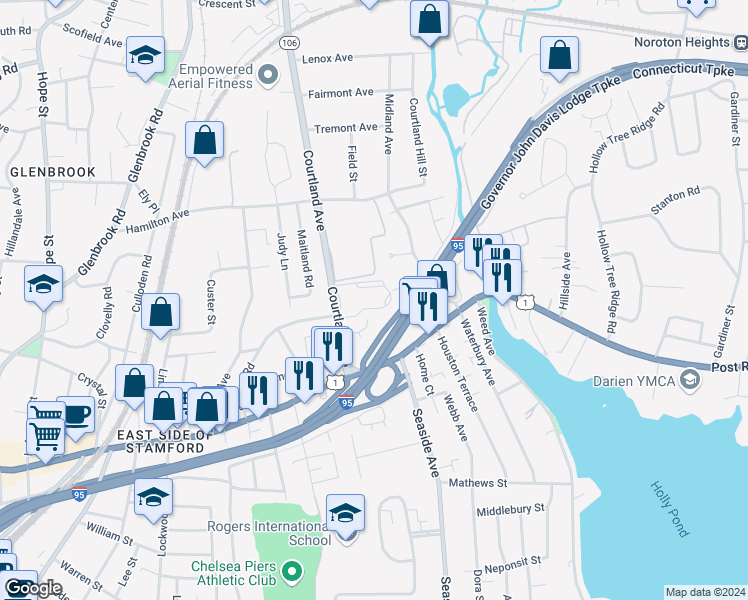map of restaurants, bars, coffee shops, grocery stores, and more near 53 Courtland Avenue in Stamford
