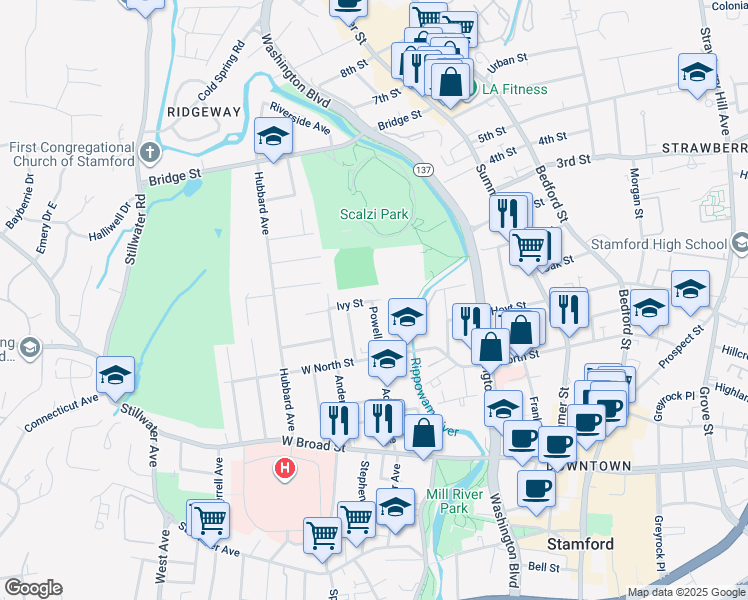 map of restaurants, bars, coffee shops, grocery stores, and more near 5 Ivy Street in Stamford