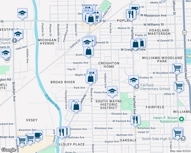 map of restaurants, bars, coffee shops, grocery stores, and more near 1004 Lincoln Avenue in Fort Wayne