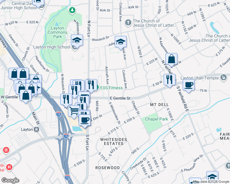map of restaurants, bars, coffee shops, grocery stores, and more near 618 Adams Street in Layton