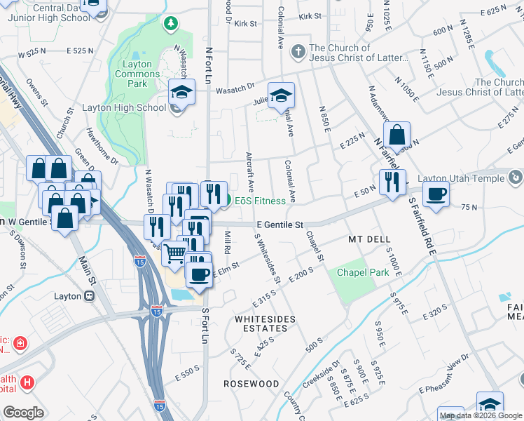 map of restaurants, bars, coffee shops, grocery stores, and more near 618 Adams Street in Layton