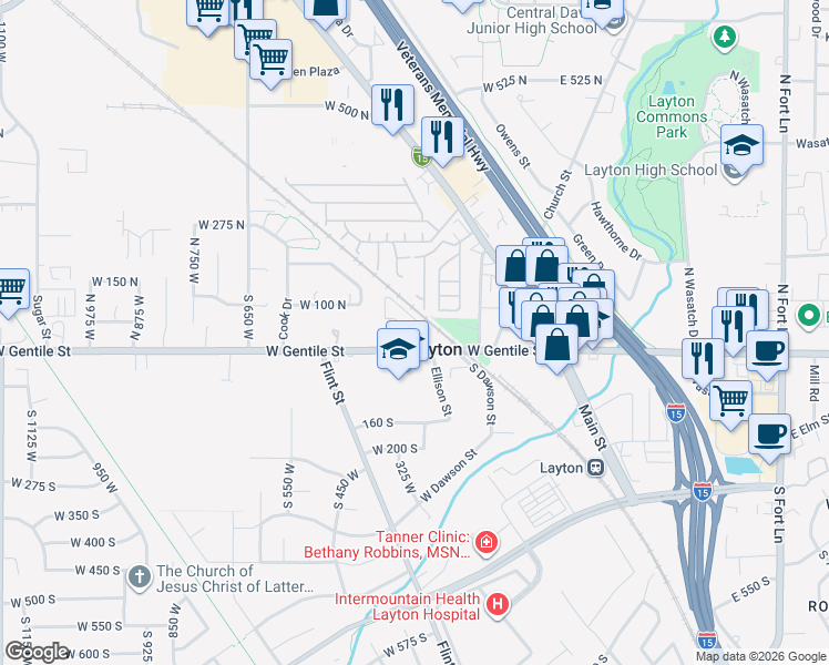 map of restaurants, bars, coffee shops, grocery stores, and more near 356 West 25 North in Layton