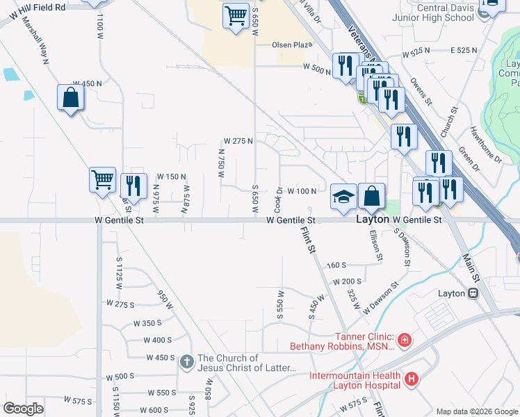 map of restaurants, bars, coffee shops, grocery stores, and more near 52 South 650 West in Layton