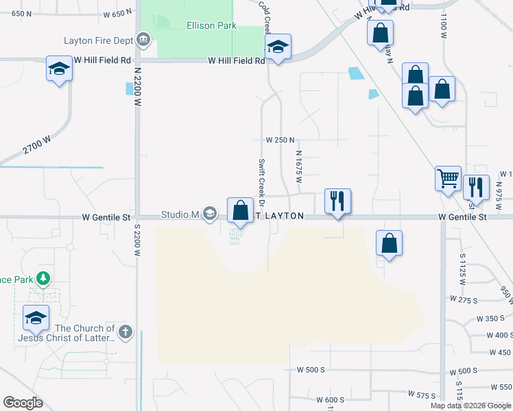map of restaurants, bars, coffee shops, grocery stores, and more near 52 Swift Creek Drive in Layton