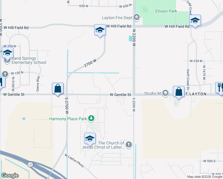 map of restaurants, bars, coffee shops, grocery stores, and more near 89 Village Park Drive in Layton