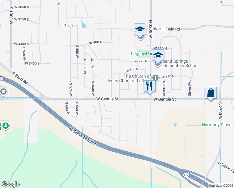 map of restaurants, bars, coffee shops, grocery stores, and more near 3407 West 75 North in Layton