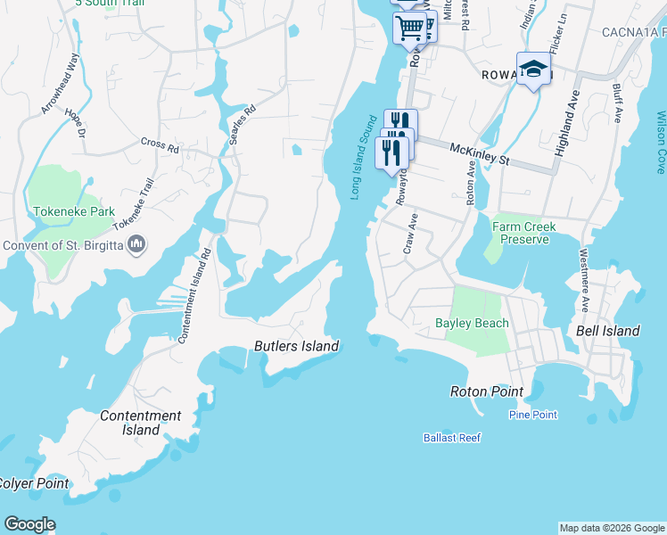 map of restaurants, bars, coffee shops, grocery stores, and more near 12 North Road in Darien
