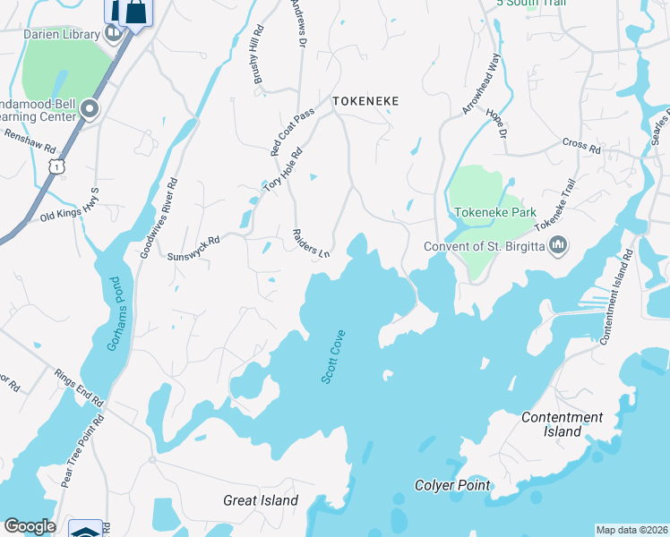 map of restaurants, bars, coffee shops, grocery stores, and more near 29 Raiders Lane in Darien