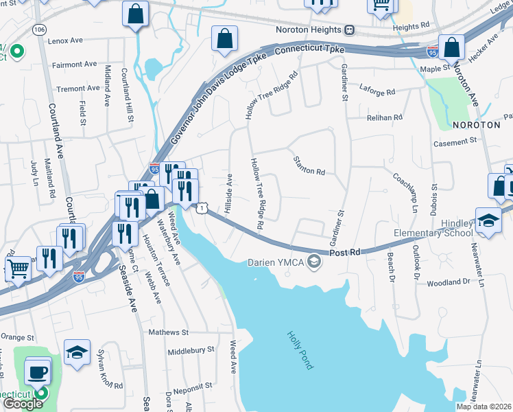 map of restaurants, bars, coffee shops, grocery stores, and more near 12A Hillside Avenue in Darien