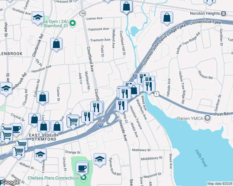 map of restaurants, bars, coffee shops, grocery stores, and more near 25 De Bera Lane in Stamford