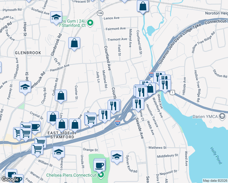 map of restaurants, bars, coffee shops, grocery stores, and more near 53 Courtland Avenue in Stamford