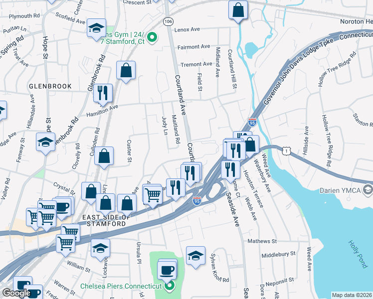 map of restaurants, bars, coffee shops, grocery stores, and more near 80 Maitland Road in Stamford