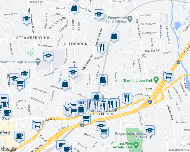 map of restaurants, bars, coffee shops, grocery stores, and more near 132 Culloden Road in Stamford