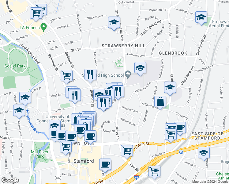 map of restaurants, bars, coffee shops, grocery stores, and more near 26 Strawberry Hill Avenue in Stamford