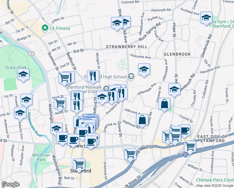 map of restaurants, bars, coffee shops, grocery stores, and more near 26 Strawberry Hill Avenue in Stamford