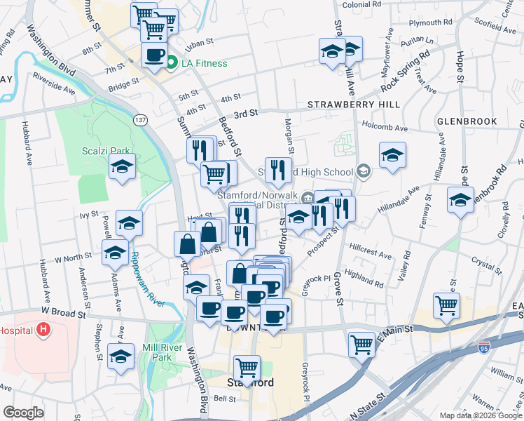 map of restaurants, bars, coffee shops, grocery stores, and more near 48 Hoyt Street in Stamford