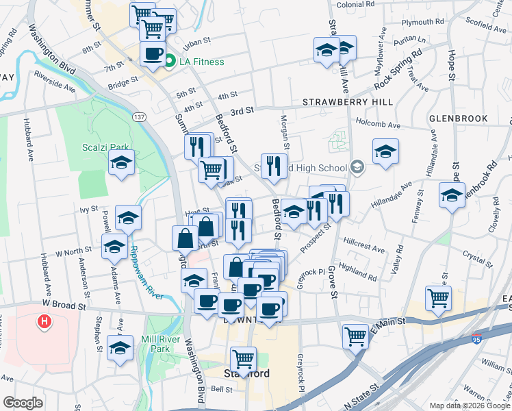 map of restaurants, bars, coffee shops, grocery stores, and more near 48 Hoyt Street in Stamford