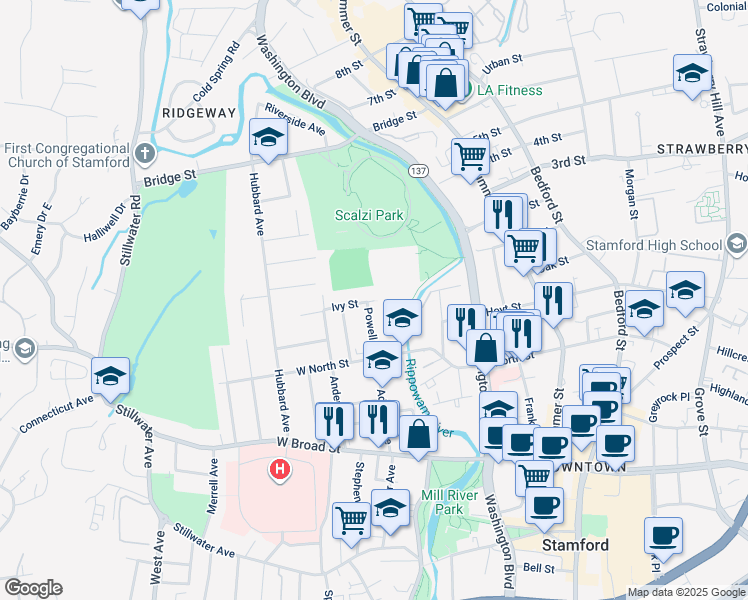 map of restaurants, bars, coffee shops, grocery stores, and more near 5 Ivy Street in Stamford