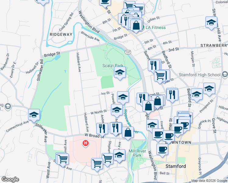 map of restaurants, bars, coffee shops, grocery stores, and more near 5 Ivy Street in Stamford