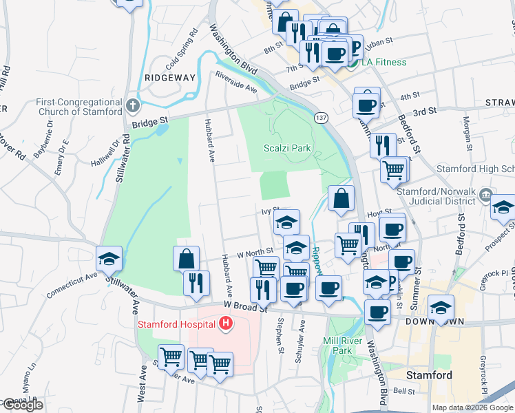 map of restaurants, bars, coffee shops, grocery stores, and more near 23 Ivy Street in Stamford