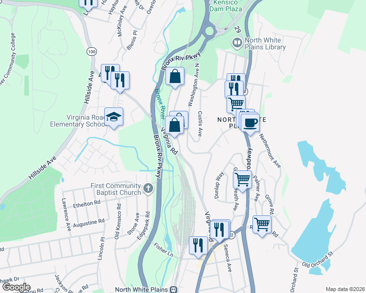 map of restaurants, bars, coffee shops, grocery stores, and more near 79 Washington Avenue North in White Plains