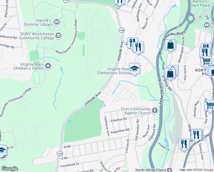 map of restaurants, bars, coffee shops, grocery stores, and more near 164 Reunion Road in White Plains