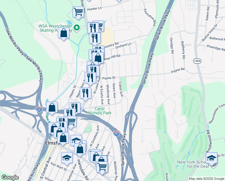 map of restaurants, bars, coffee shops, grocery stores, and more near 107 Sears Avenue in Elmsford