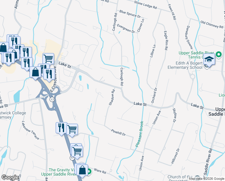 map of restaurants, bars, coffee shops, grocery stores, and more near 80 Lake Street in Upper Saddle River