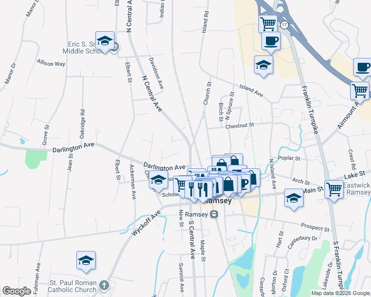 map of restaurants, bars, coffee shops, grocery stores, and more near 7 Quail Run in Ramsey
