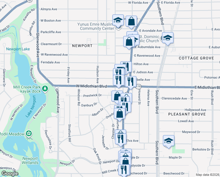 map of restaurants, bars, coffee shops, grocery stores, and more near in Youngstown