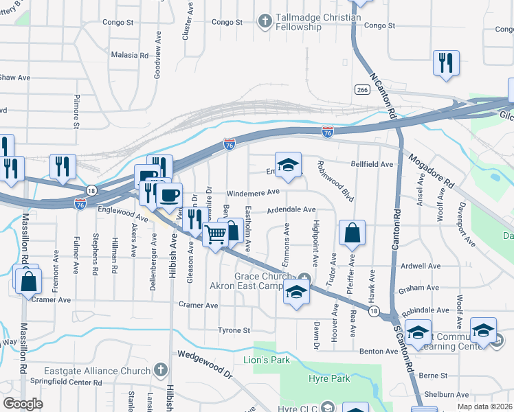 map of restaurants, bars, coffee shops, grocery stores, and more near 101 Eastholm Avenue in Akron