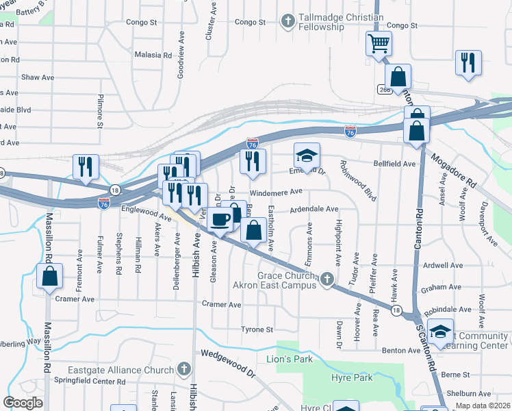 map of restaurants, bars, coffee shops, grocery stores, and more near 87 Berwyck Drive in Akron