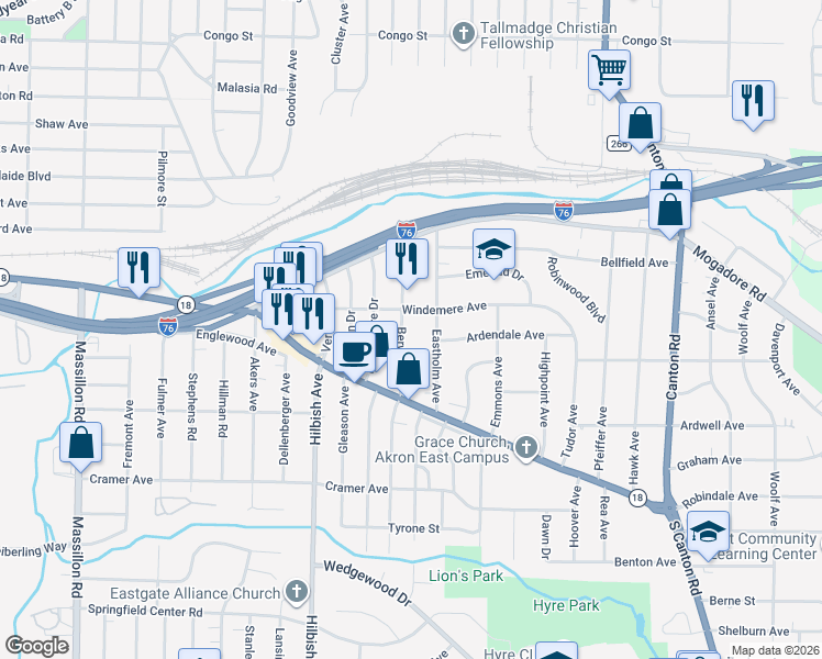 map of restaurants, bars, coffee shops, grocery stores, and more near 87 Berwyck Drive in Akron