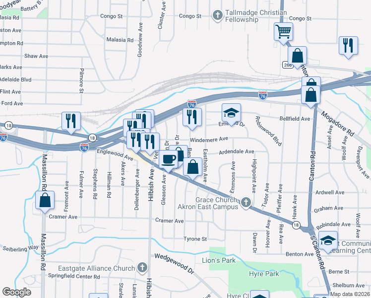 map of restaurants, bars, coffee shops, grocery stores, and more near 87 Berwyck Drive in Akron
