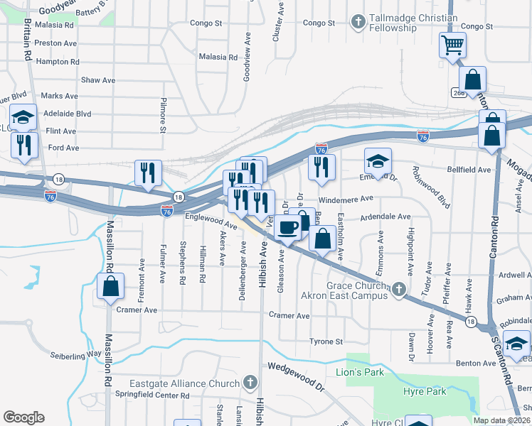 map of restaurants, bars, coffee shops, grocery stores, and more near 49 Verdun Drive in Akron