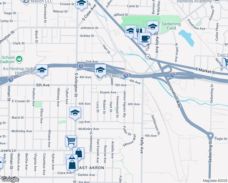 map of restaurants, bars, coffee shops, grocery stores, and more near 1334 Hart Street in Akron